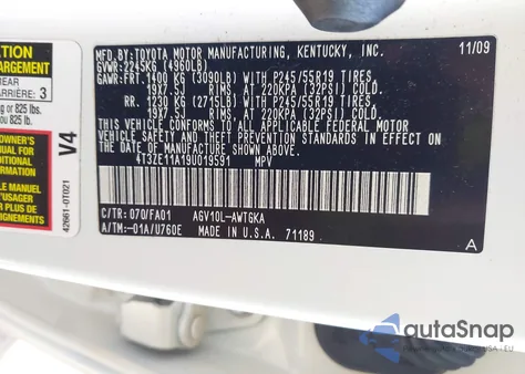 2009 Toyota Venza z USA, uszkodzony, nr VIN 4T3ZE11A19U019591